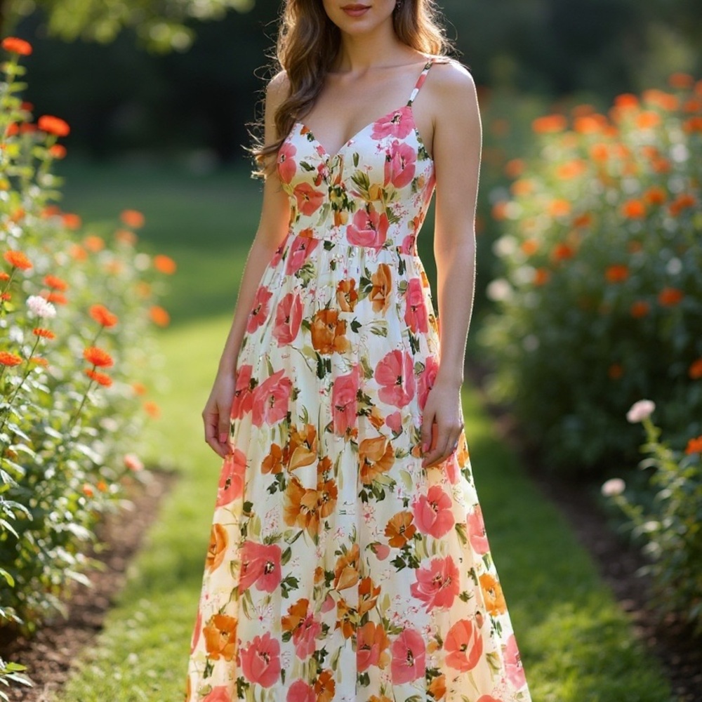 Floral Maxi Dress in Pink and Orange